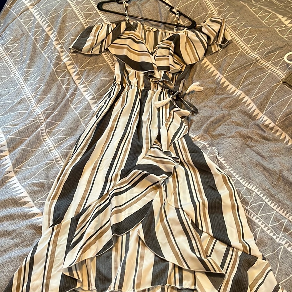 Blush, Maxi Dress with Hip Slit, Black/Dark Grey, Creme, and Tan Stripes
